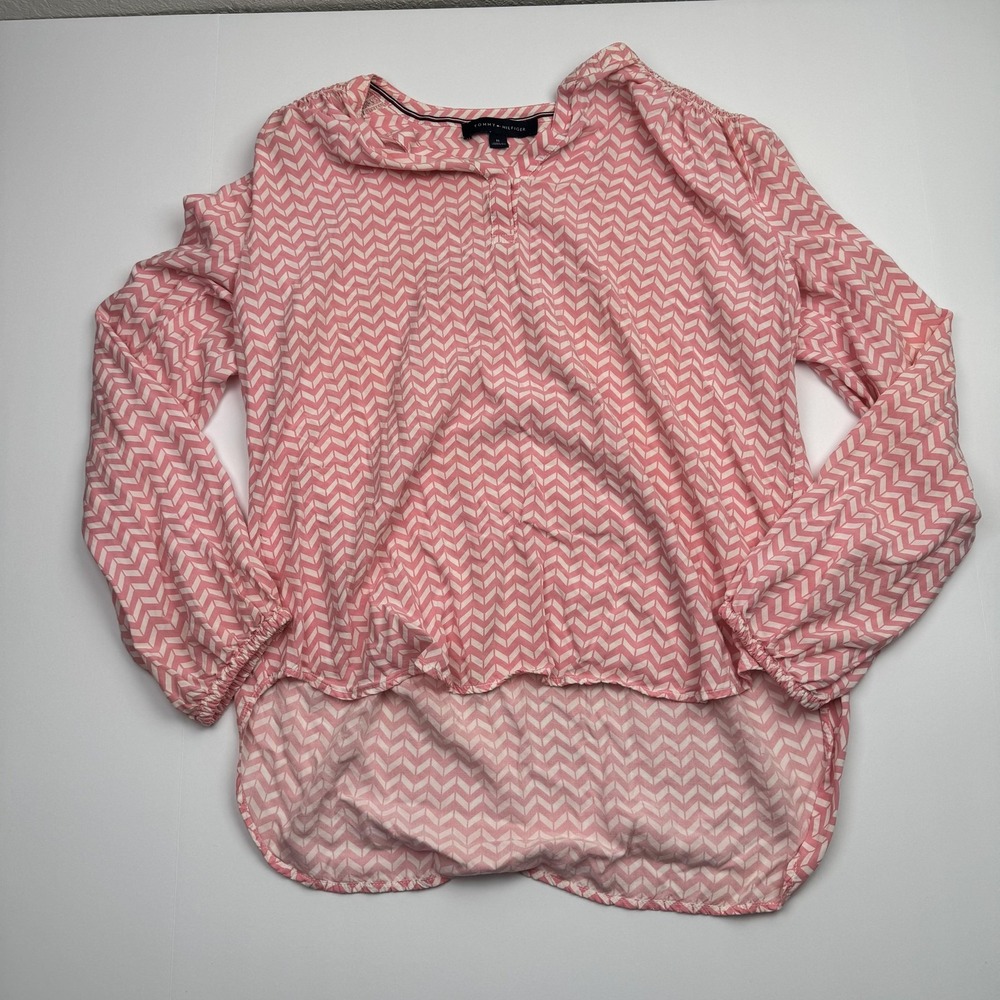 Tommy Hilfiger Pink Chevron Long Sleeve Blouse Womens Medium High Low Tunic